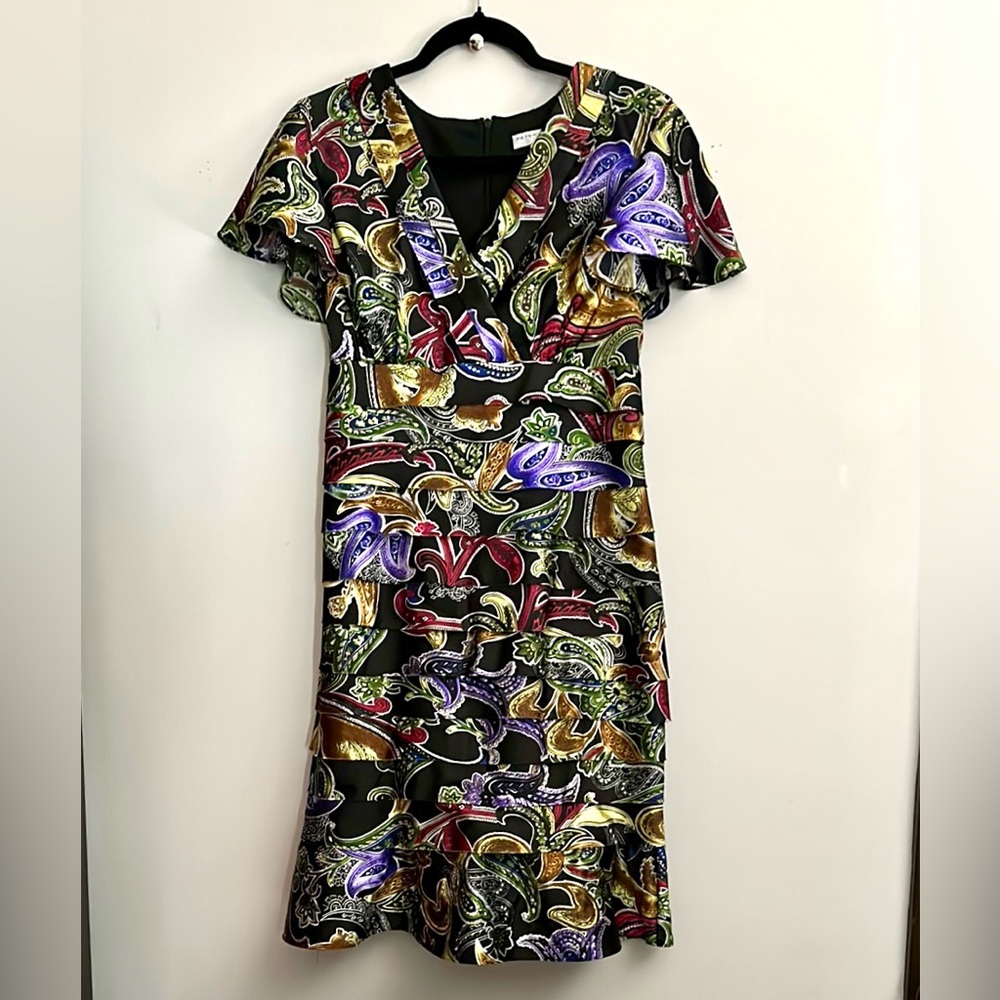 Peter Nygard Dress Paisley Print on Black, Faux Wrap Bodice V-Neck Dress, 12 - Picture 1 of 12